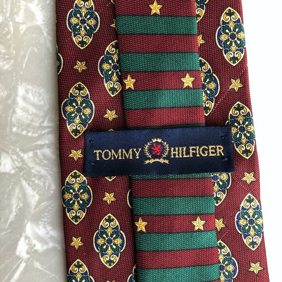 Tommy Hilfiger Maroon Red Yellow Classic Star Geometric Mandela Silk Neck Tie - Picture 2 of 5